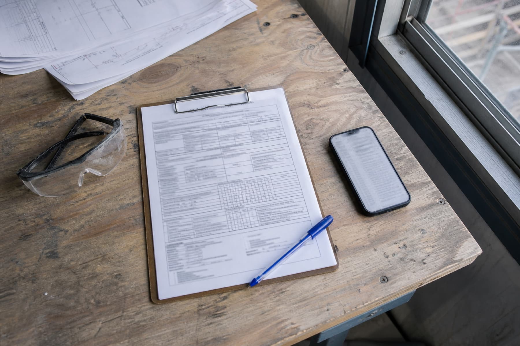 Insurance documents, a phone, and safety glasses on a contractor's worktable