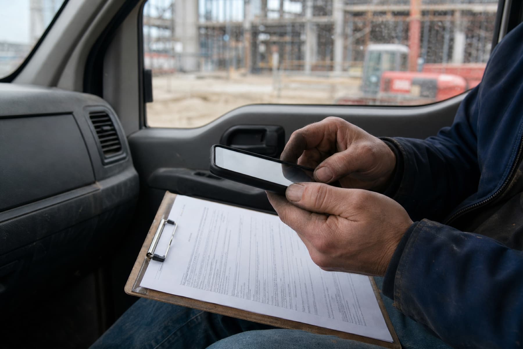 A subcontractor uploading an insurance document from a work truck