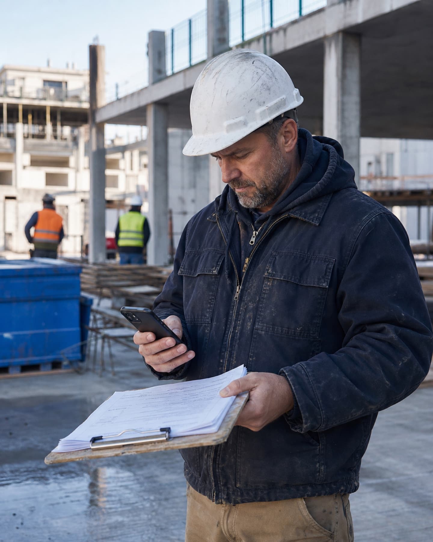 A general contractor superintendent reviewing paperwork and a phone at a commercial jobsite